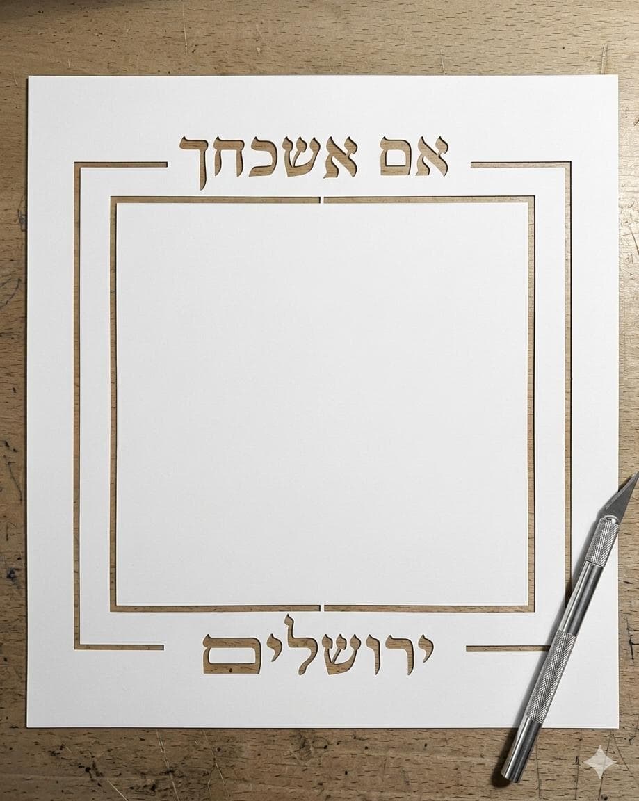 סטנסיל נייר מונח על משטח עץ: בחלק העליון חתוך הפסוק 'שיויתי ה' לנגדי תמיד' באותיות סטנסיל, ובחלק התחתון חתוך סילואט של בית המקדש על חומות ירושלים — לצדו סכין חיתוך מקצועי.