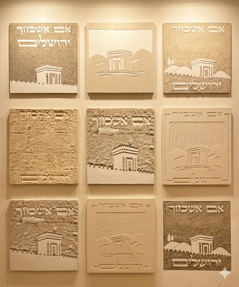 תשעה דגמי סיתות מרובעים מסודרים בתצוגה בת שלוש על שלוש על קיר קרם, כל אחד נושא את הכיתוב 'אם אשכחך / ירושלים' וסילואט של בית המקדש על חומות ירושלים — בגוונים, מרקמים וסגנונות שונים.